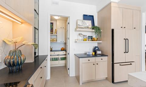 A brightly lit kitchen with a door leading into the pantry closet.